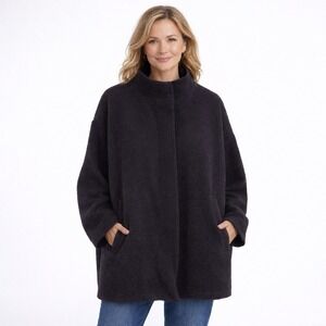 EILEEN FISHER Textured Zip Front Oversized Jacket Coat L / XL Black Stand Collar